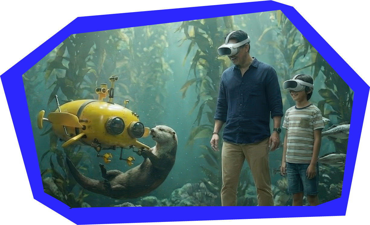 A parent and child wearing VR goggles and looking into an underwater world within a kelp forest.